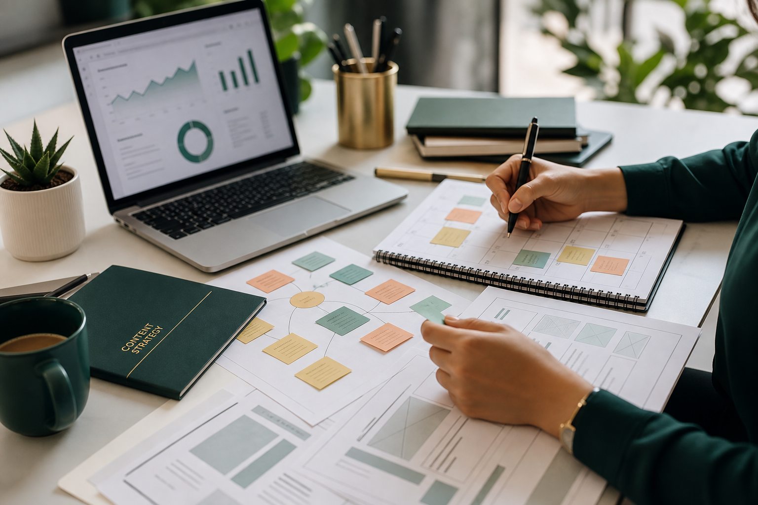 Content strategist planning SEO topics, website pages, and reporting