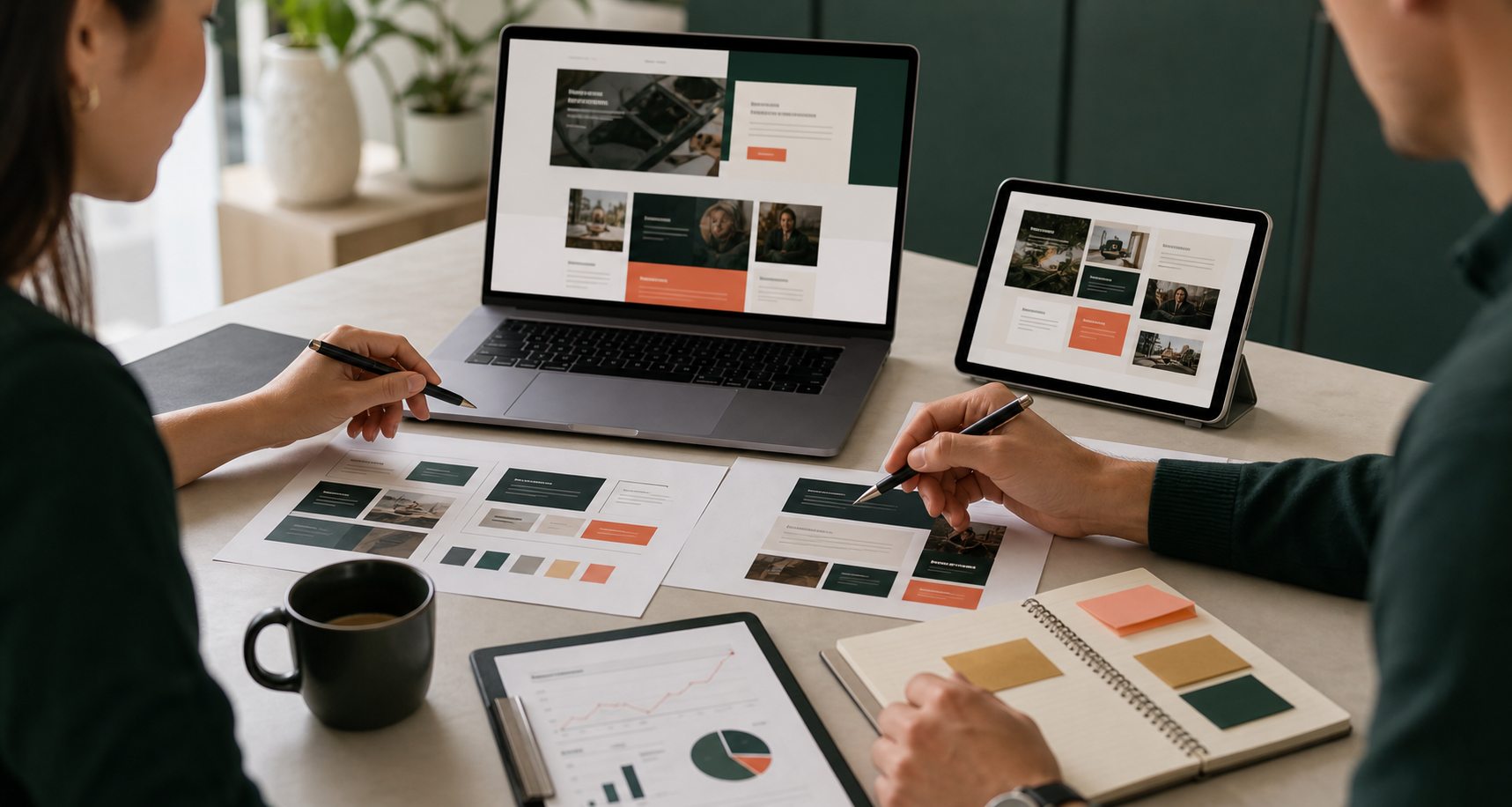Collaborators reviewing website layouts, messaging, and digital performance